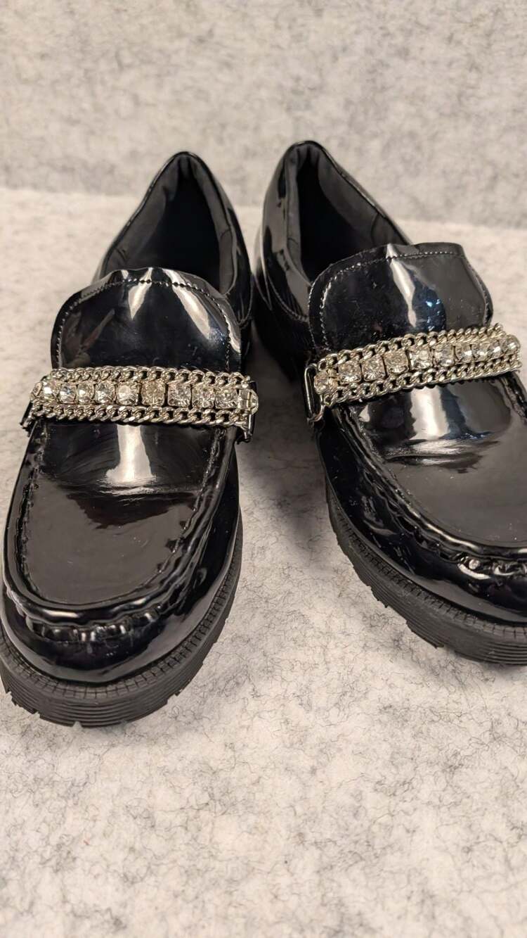 Steve Madden Maybell Black Patent Rhinestone Chain Platform Loafers 5 - Picture 2 of 9